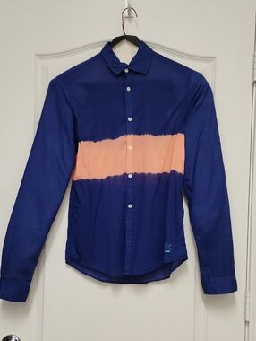 Scotch & Soda Blue Button-Down Shirt with Peach Stripe